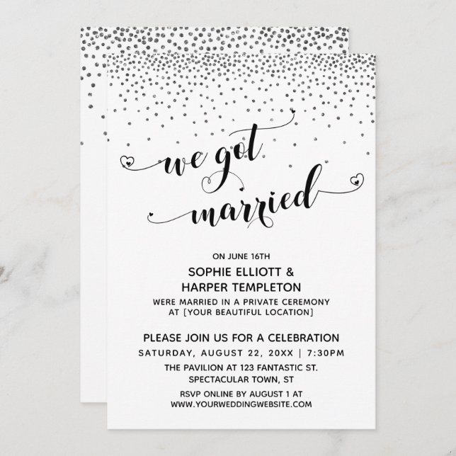 We Got Married Script Silver Confetti Reception Invitation (Front/Back)