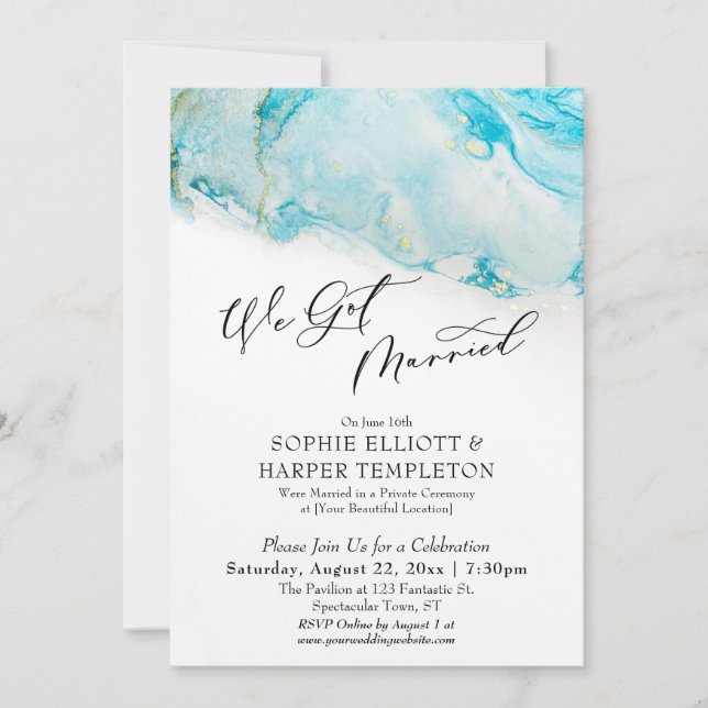 We Got Married Teal & Gold Ink Reception Only Invitation (Front)