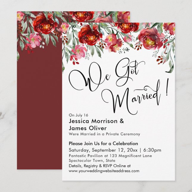 We Got Married Typography Burgundy Red Flowers Invitation (Front/Back)