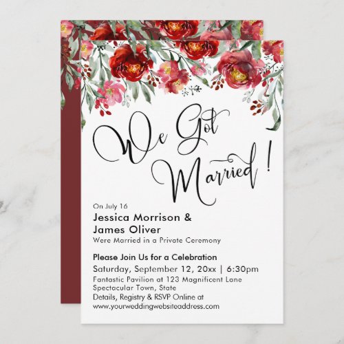 We Got Married Typography Burgundy Red Flowers Invitation