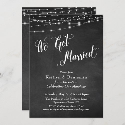 We Got Married Typography Chalkboard String Lights Invitation