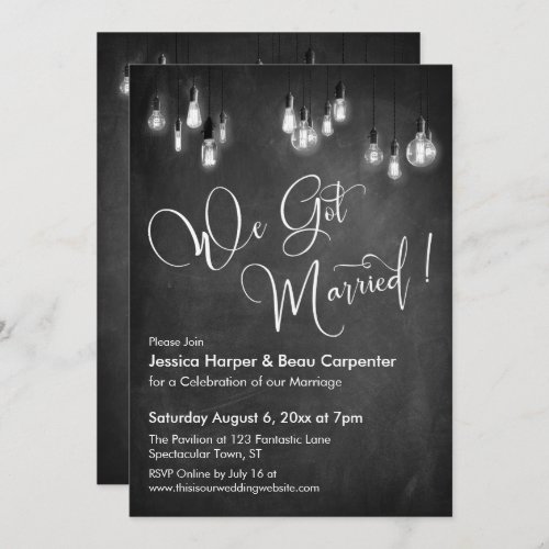 We Got Married Typography Edison Lights Chalkboard Invitation