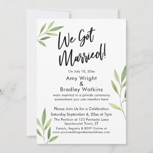We Got Married Typography Green Watercolor Foliage Invitation