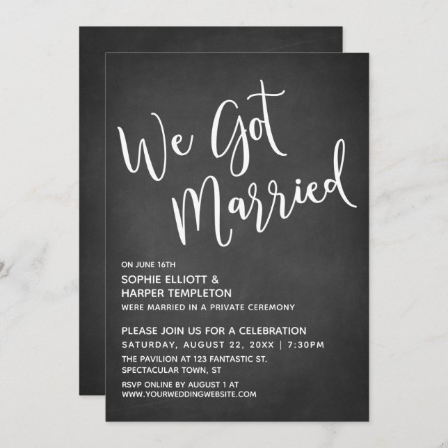 We Got Married Typography on Subtle Chalkboard Invitation (Front/Back)