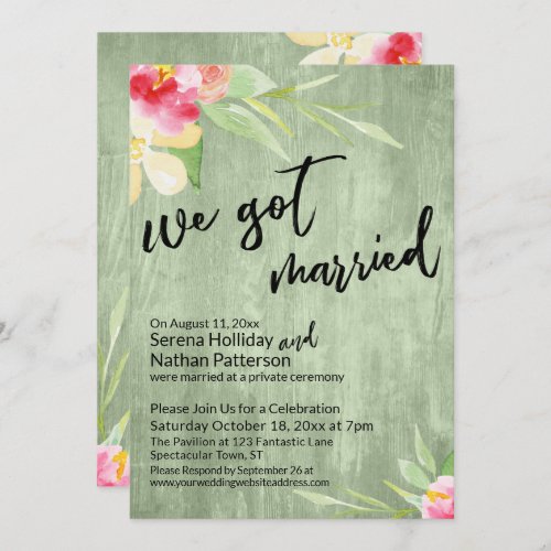 We Got Married Watercolor Flowers  Green Wood Invitation