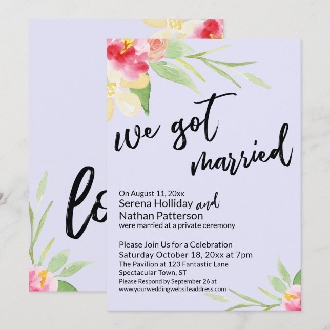 We Got Married Watercolor Flowers on Lavender Invitation (Front/Back)