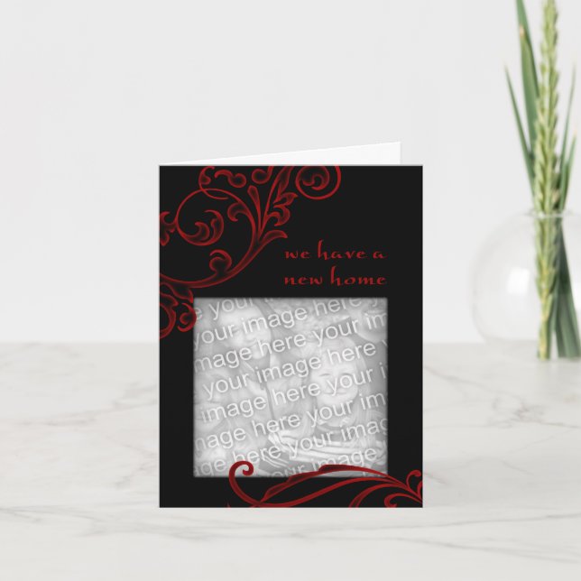 we have a new home : red flourish announcement (Front)