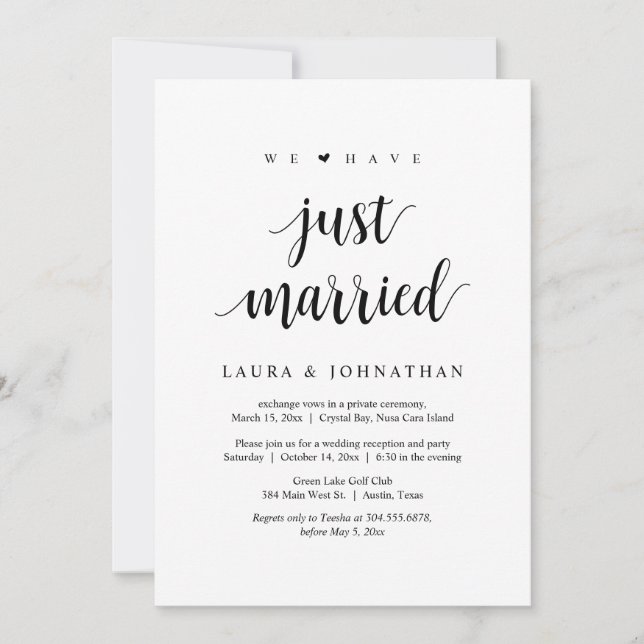 We Have Just Married, Wedding Elopement Party Invitation (Front)