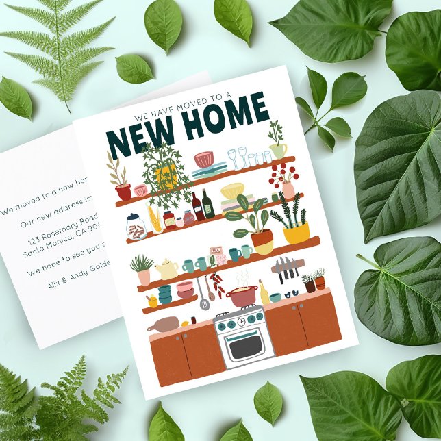 We Have Moved Address Change Cute Kitchen Art Postcard (New home announcement address change postcard with cute kitchen illustration. Customize the text)