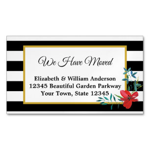 We Have Moved Black and White Striped Red Flower Business Card Magnet