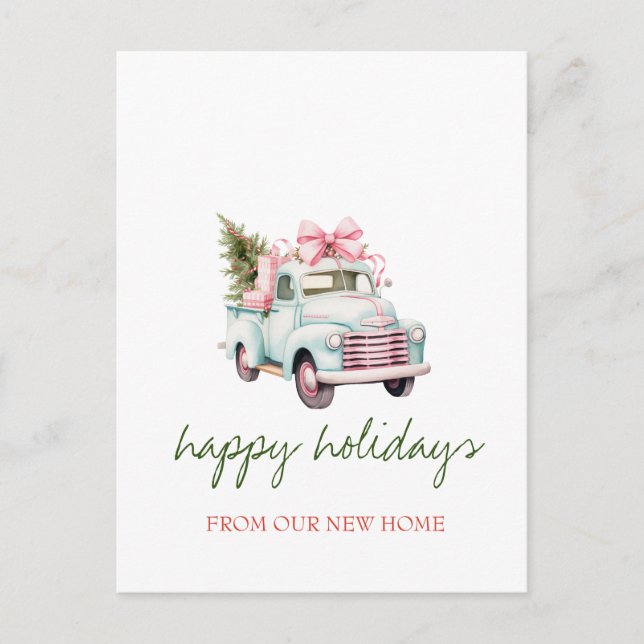 We Have Moved,Blue Truck,Pine Tree Holiday Announcement Postcard (Front)