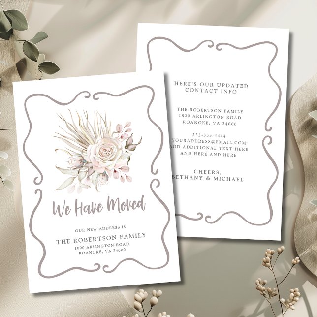 We Have Moved Blush Roses New Address Announcement (We Have Moved Boho Blush Pink Roses and Eucalyptus New Address Flat Card with Envelope)