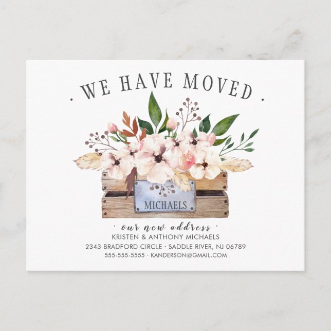 We Have Moved Boho Flower Box Moving Announcement Postcard (Front)