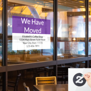 We Have Moved Business Purple Moving Announcement Window Cling