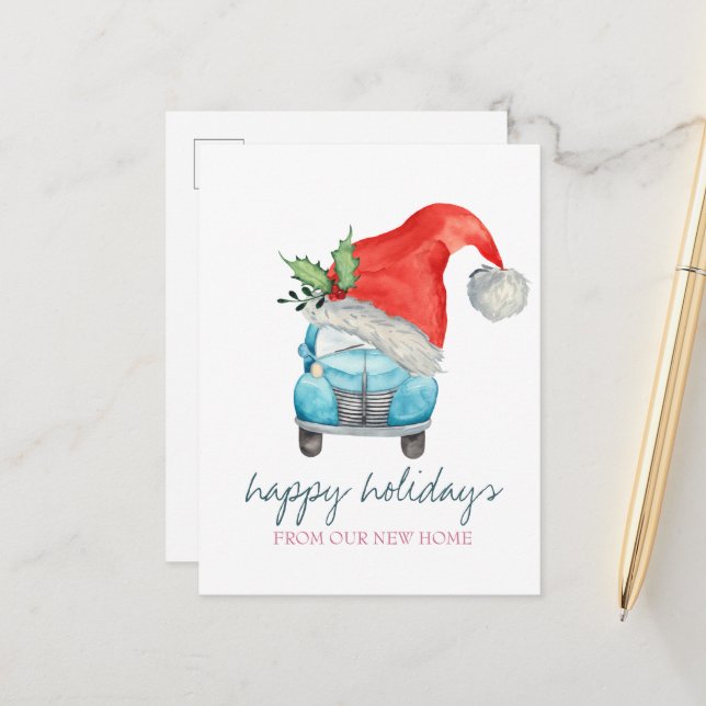 We Have Moved,Car Santa Hat Announcement Postcard (Front/Back In Situ)