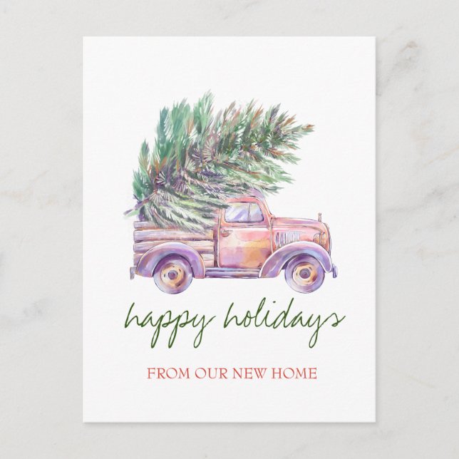 We Have Moved,Chic Truck,Pine Tree Holiday Announcement Postcard (Front)