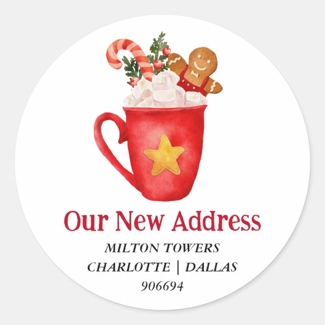 We Have Moved Christmas Drink | New Address   Classic Round Sticker (Front)