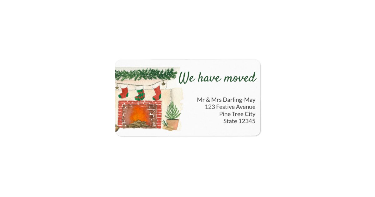 We have Moved Christmas Fireplace Return Address Label | Zazzle