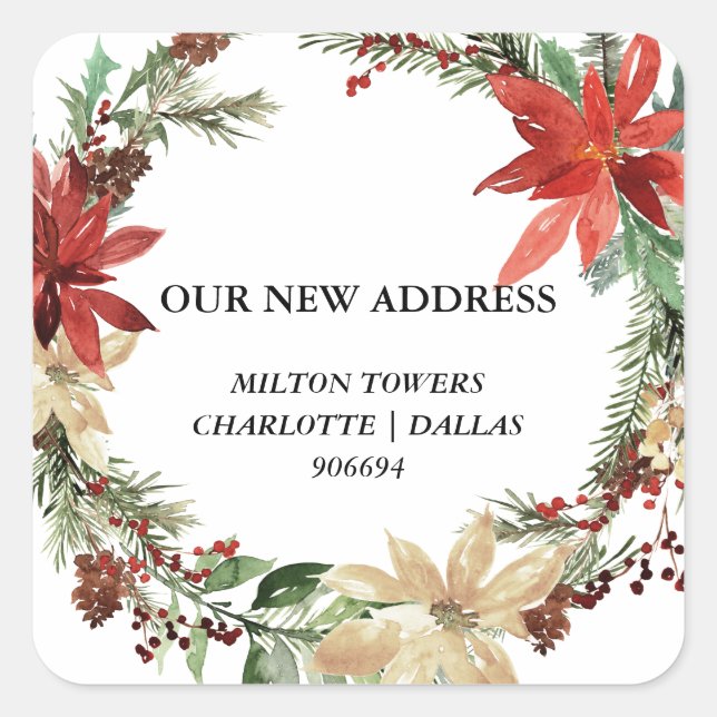 We Have Moved | Christmas Wreath | New Address Square Sticker (Front)