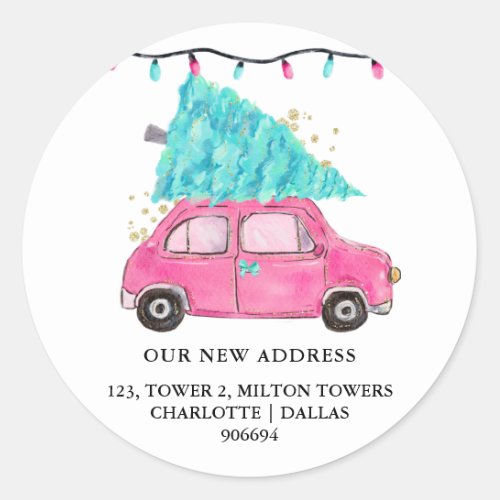 We Have Moved  Cute Pink Car Tree  New Address   Classic Round Sticker