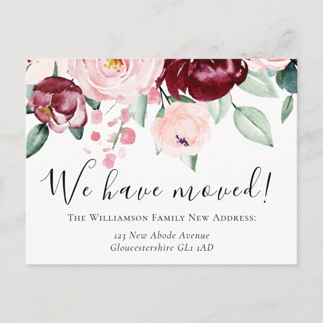 We Have Moved Elegant Burgundy and Pink Floral  Announcement Postcard (Front)
