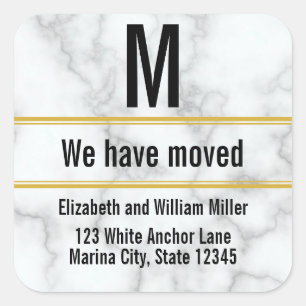 We Have Moved Faux White Marble Monogram Elegant Square Sticker