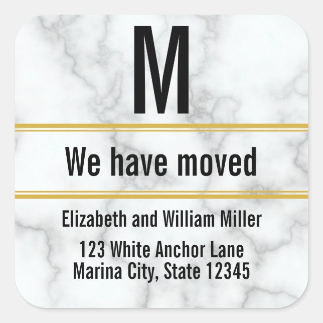 We Have Moved Faux White Marble Monogram Elegant Square Sticker (Front)