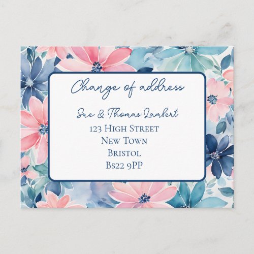 we have moved floral Watercolor Floral Pinks blues Announcement Postcard