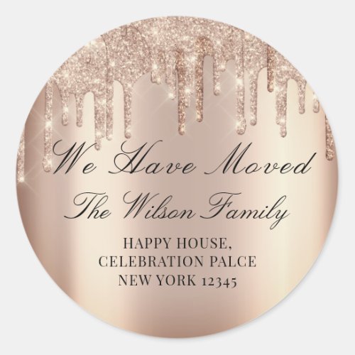 We Have Moved Glitter RSVP Blush Rose Drips  Classic Round Sticker