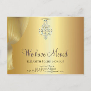 We Have Moved,Gold Curtain, Chandelier Announcement Postcard
