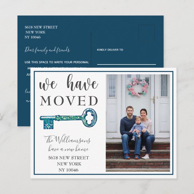  We Have Moved Navy Key Photo Moving Announcement Postcard (Front/Back)