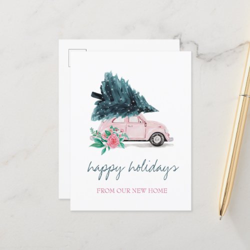 We Have MovedPink CarChristmas Tree Announcement Postcard