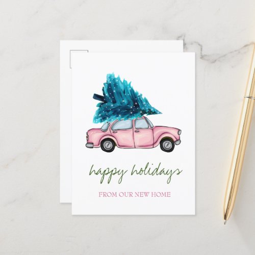 We Have MovedPink CarPine Tree Holiday  Announcement Postcard