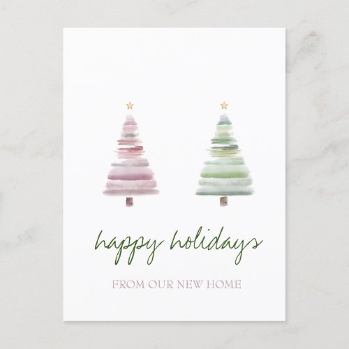 We Have MovedPink Green Pine Tree Holiday Announcement Postcard