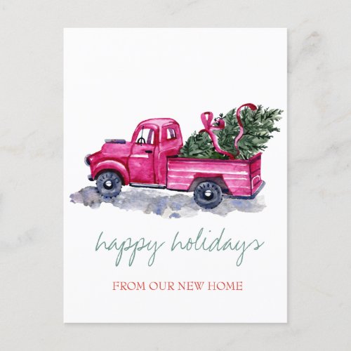 We Have Moved Pink Truck Pine Trees Holiday  Announcement Postcard