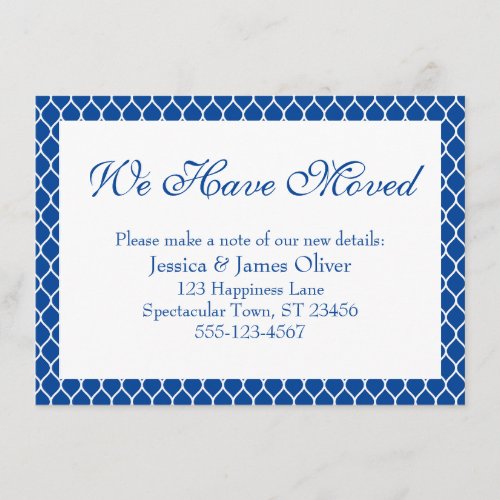 We Have Moved Preppy White Ogee Pattern on Blue Enclosure Card