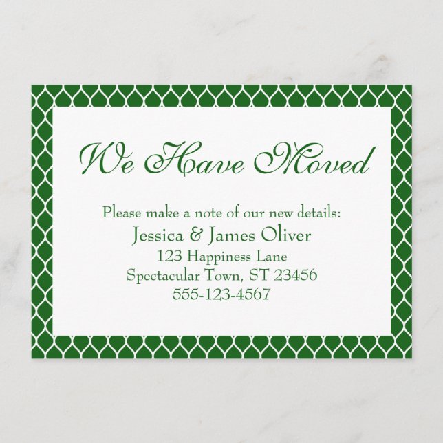 We Have Moved Preppy White Ogee Pattern on Green Enclosure Card (Front)