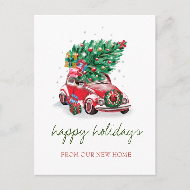 We Have Moved,Red Car,Pine Tree Holiday Announcement Postcard (Front)