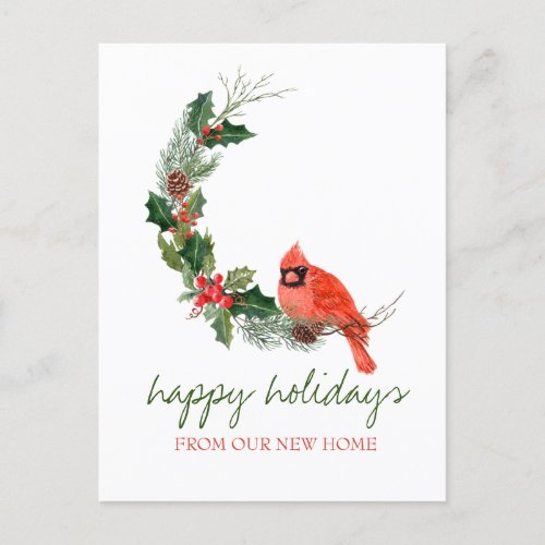 We Have MovedRed Cardinal Bird Holly Berry Announcement Postcard