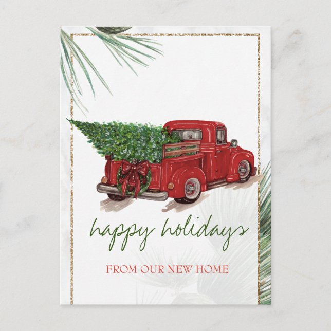 We Have Moved,Red Truck,Pine Tree Branches Holiday Announcement Postcard (Front)