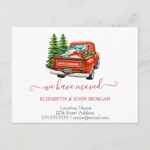 We Have Moved Red Truck Pine Tree Christmas Announcement Postcard