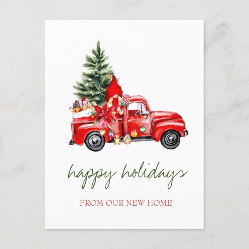 We Have MovedRed TruckPine Tree Gnome Holiday Announcement Postcard