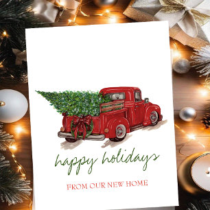 We Have Moved,Red Truck,Pine Tree Holiday Announcement Postcard