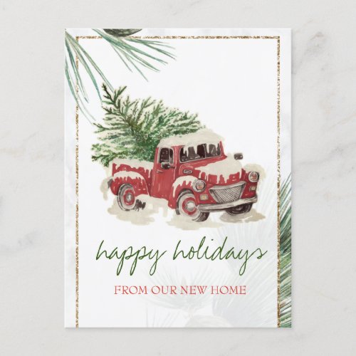 We Have MovedRed TruckPine Tree Snow Holiday  Announcement Postcard