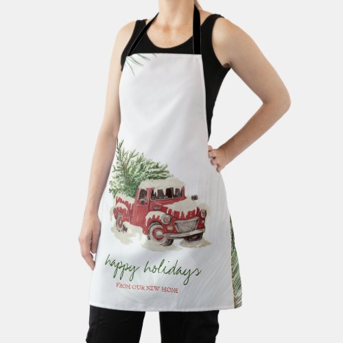 We Have MovedRed TruckPine Tree Snow Holiday  Apron
