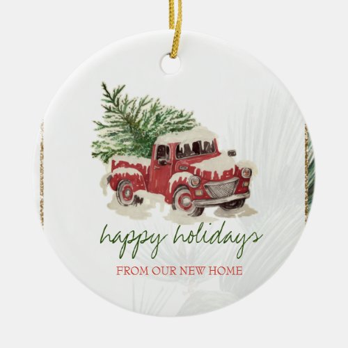 We Have MovedRed TruckPine Tree Snow Holiday  Ceramic Ornament