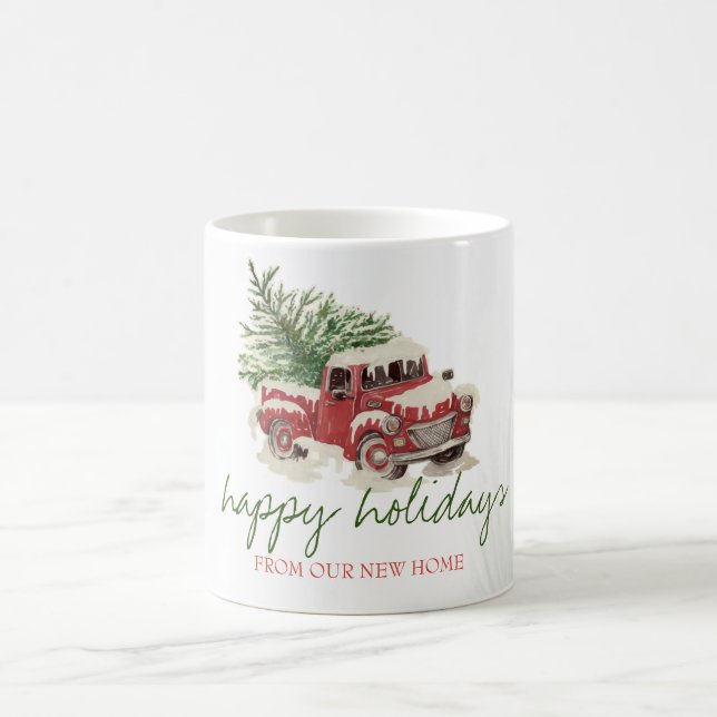 We Have Moved,Red Truck,Pine Tree Snow Holiday Coffee Mug (Center)