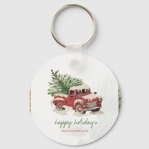 We Have MovedRed TruckPine Tree Snow Holiday   Keychain