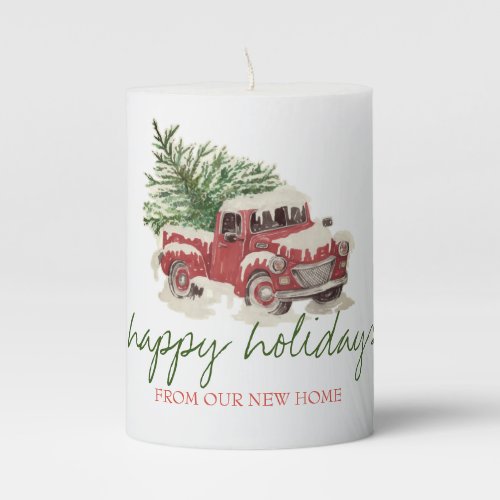 We Have MovedRed TruckPine Tree Snow Holiday Pillar Candle