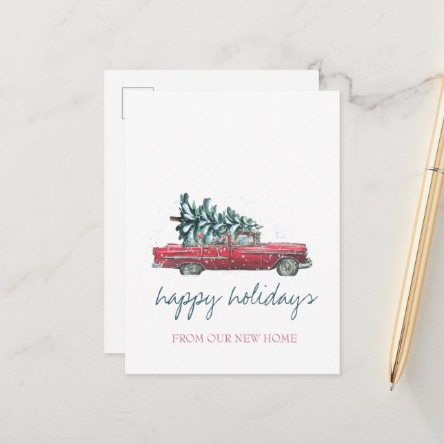 We Have Moved,Retro Car,Christmas Tree Announcement Postcard (Front/Back In Situ)